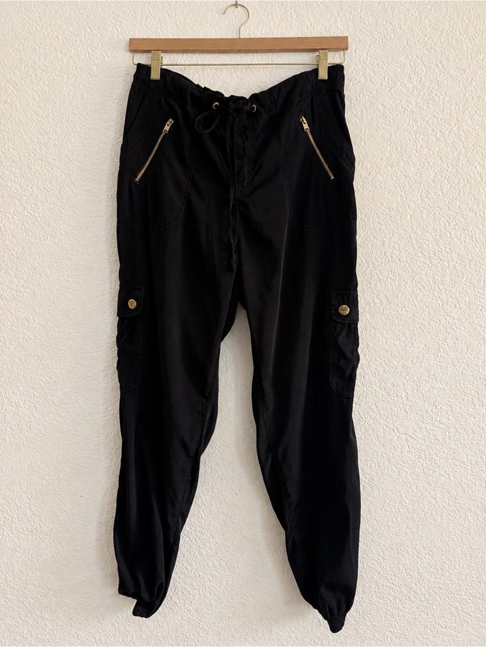 Express Black Cargo Jogger Pants with Gold Zippers
